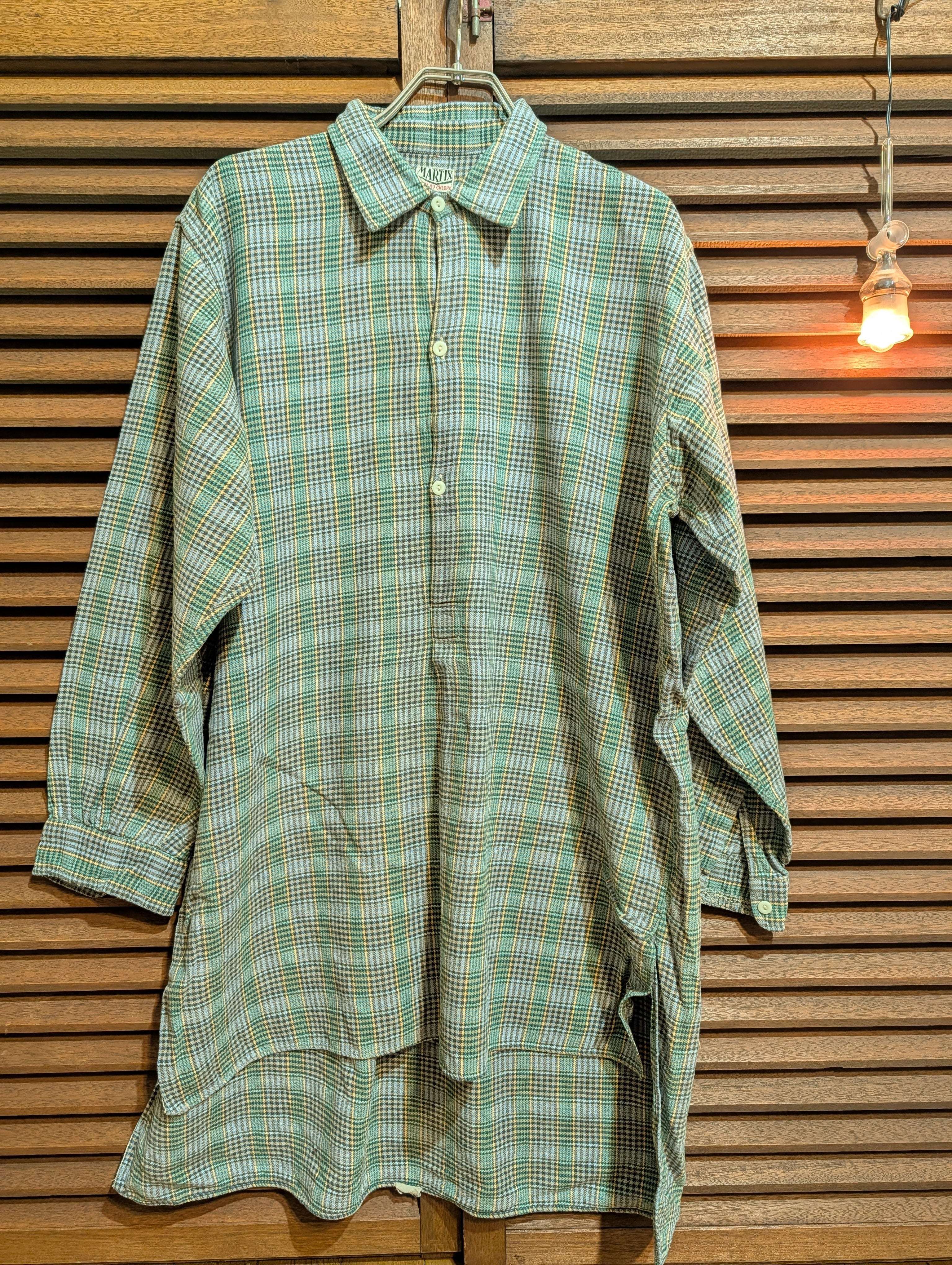 50-60s France MARTIX Grandpa Shirt Green Yellow Check