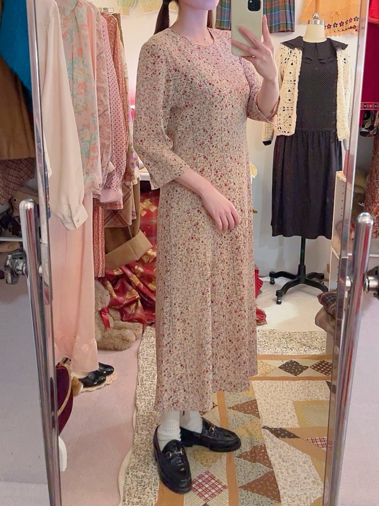 flower dot line slit cuff one-piece