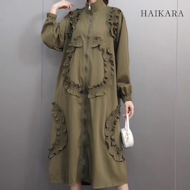 Ruffle accented zippered casual long top