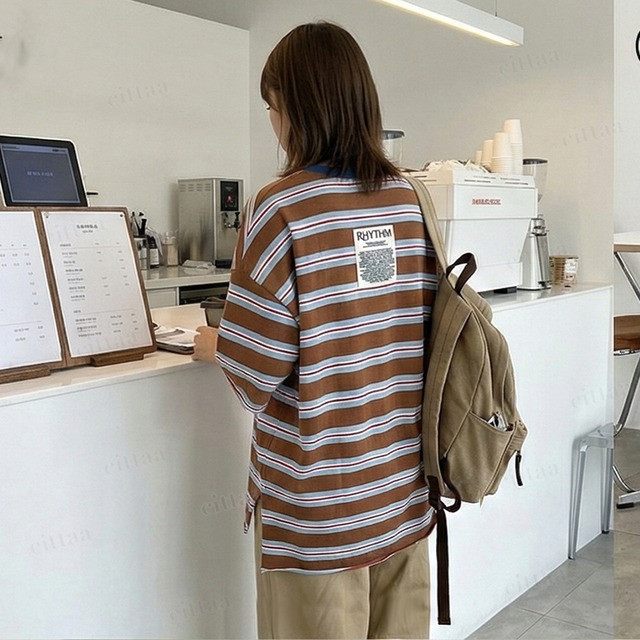 Y-4805　2026春新作♡RHYTHMバックラベルレトロボーダー柄半袖Tシャツ　水色　0206