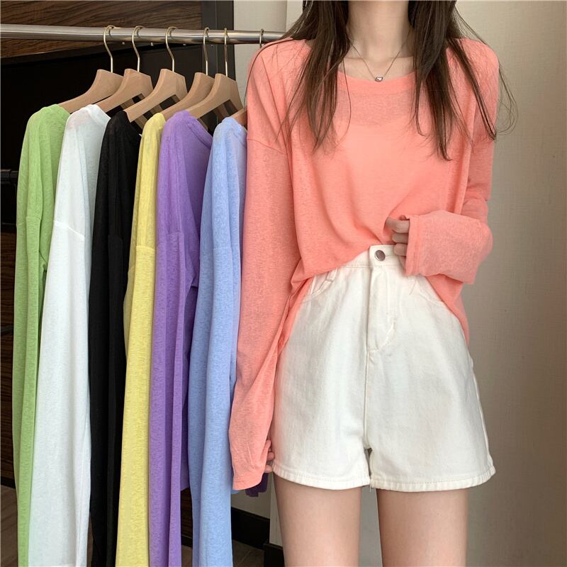 サマーカジュアルカラールーズ薄手ラウンドネックトップス ロング 夏物 Oネック YY-ファッション43189965486