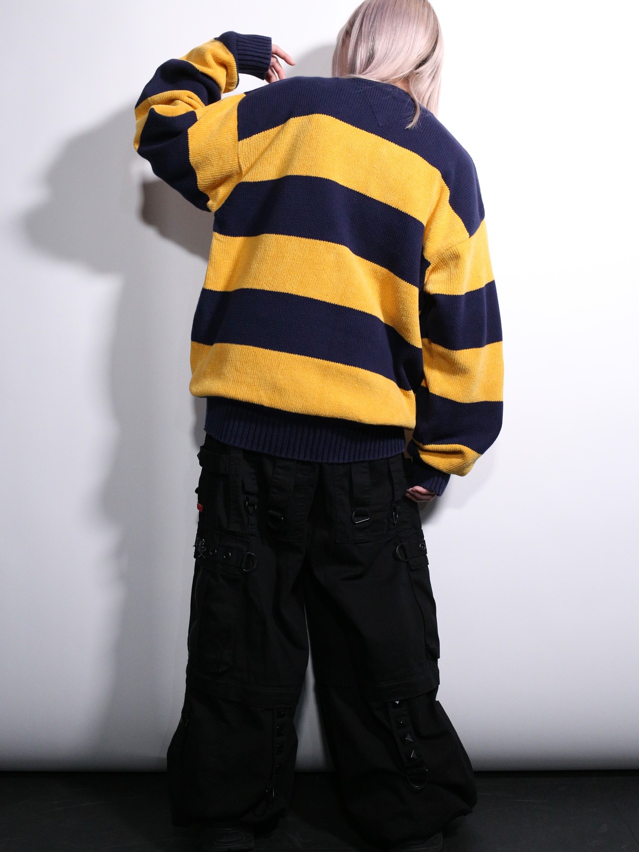 "TOMMY HILFIGER" navy × yellow good coloring border cotton knit - 5