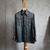 70s Don Mayers black rayon satin  embroidery shirt
