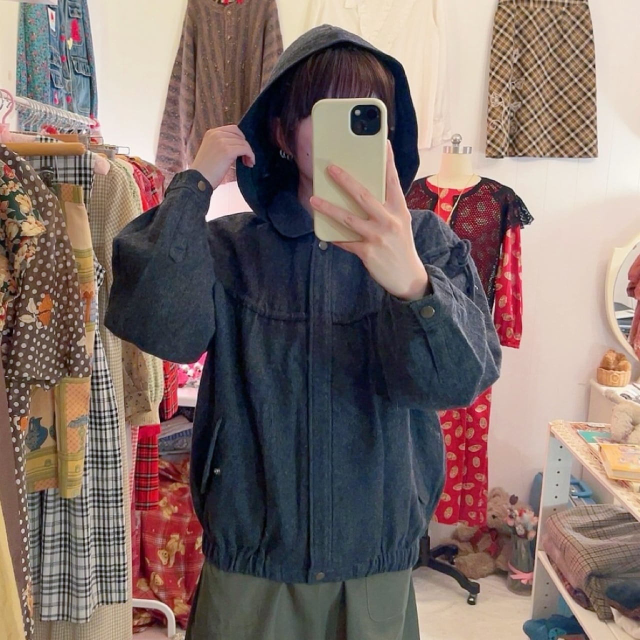 green check hoodie blouson