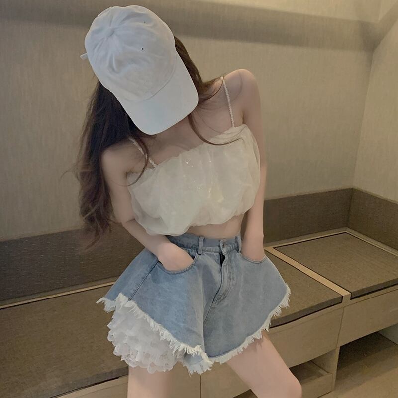 フランスのレトロなスーツの女性の夏のレースのレギンス2020新しいデニムハイウエストショーツ気質ツーピーススーツ ブラックストロベリース74125005133