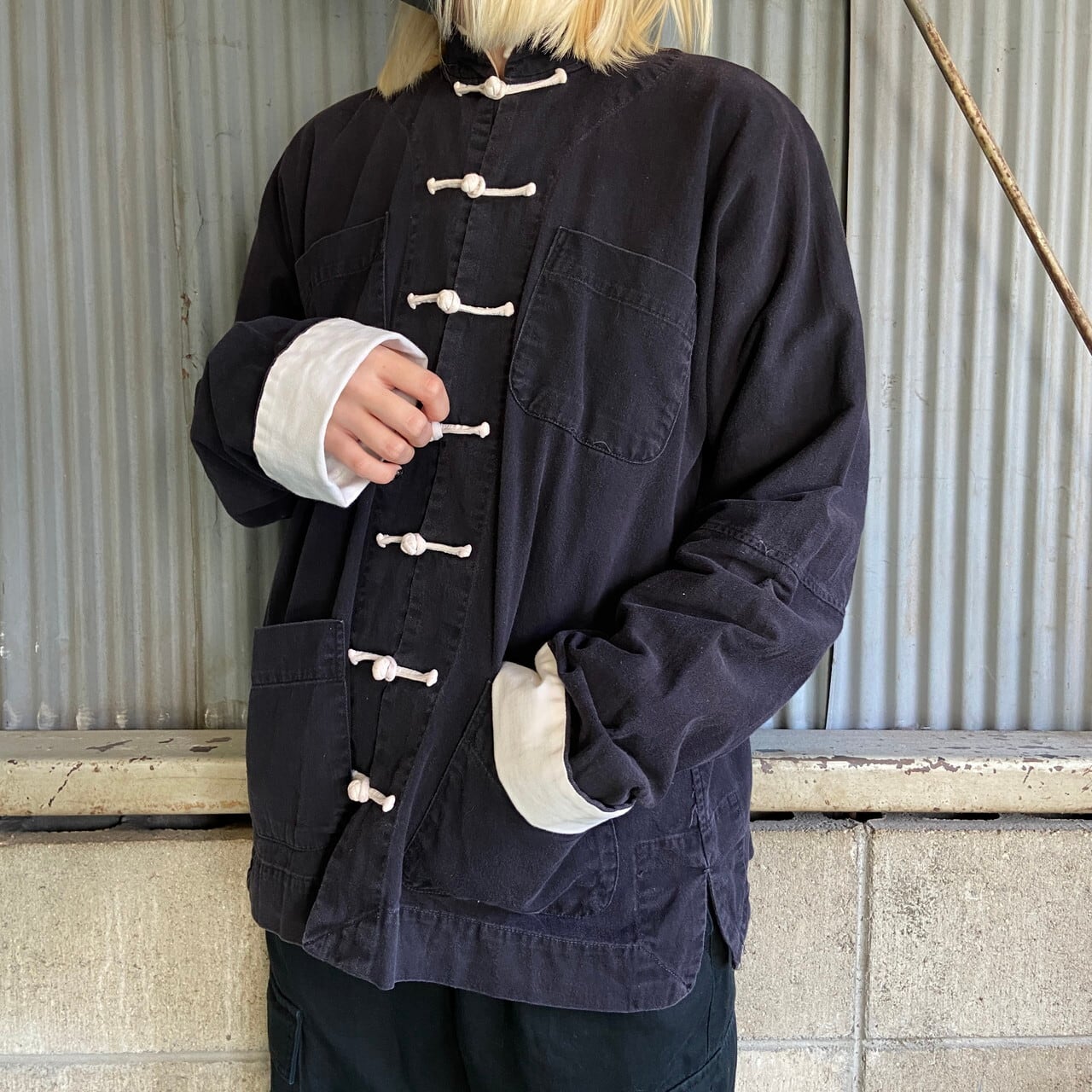 ヴィンテージ 長袖 コットンツイル チャイナシャツ メンズM-L相当 古着 