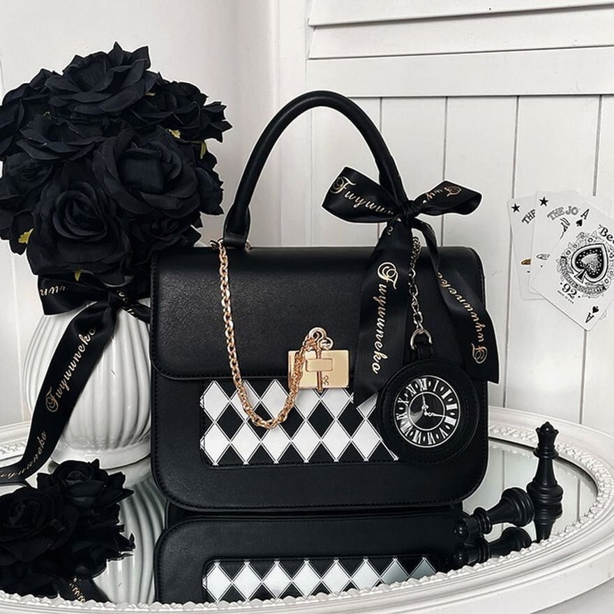 【ロリータバッグ】アリスのティーパーティー✦ チェッカー柄 2way ハンドバッグ 懐中時計チャーム付き
