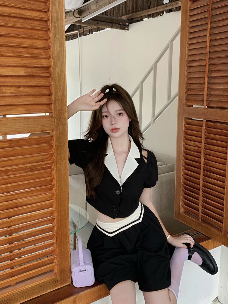 スリーブストラップレス半袖シャツ サマーブラックトップス ショート ハーフスリーブ 夏物 ブラックストロベリース55199424654