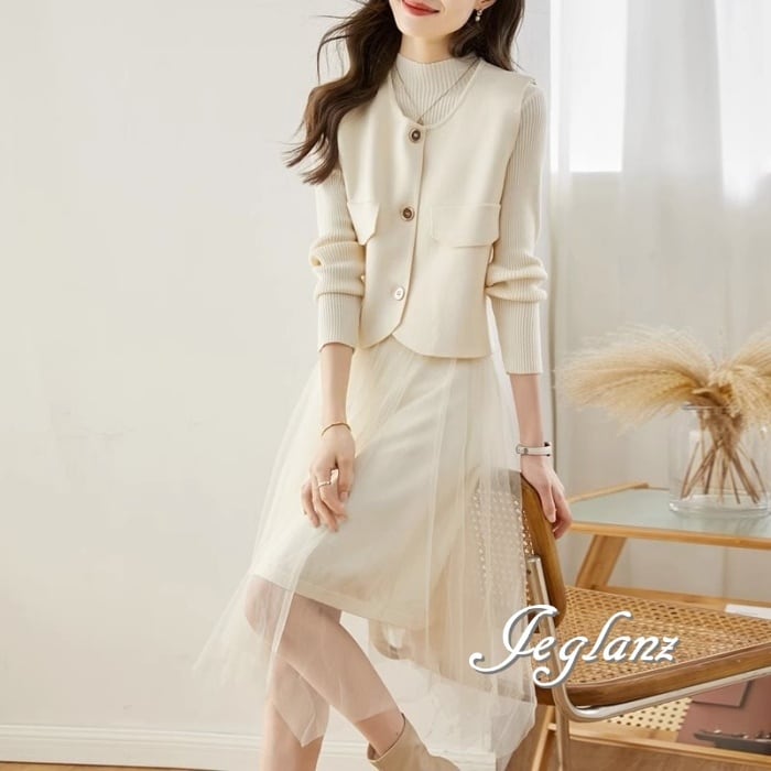 セットアップ 2点 ニット ジレ ベスト 切替 チュール ワンピース 3色(M7891)ι