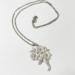 Vintage 925 Silver Flower Bouquet Filigree Pendant Necklace Made In Italy