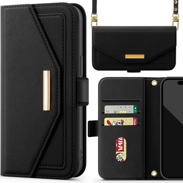NODALA iPhone 17e/iPhone 16e 兼用 ケース 手帳型 ショルダー カード収納 財布型 高級PUレザー ブラック