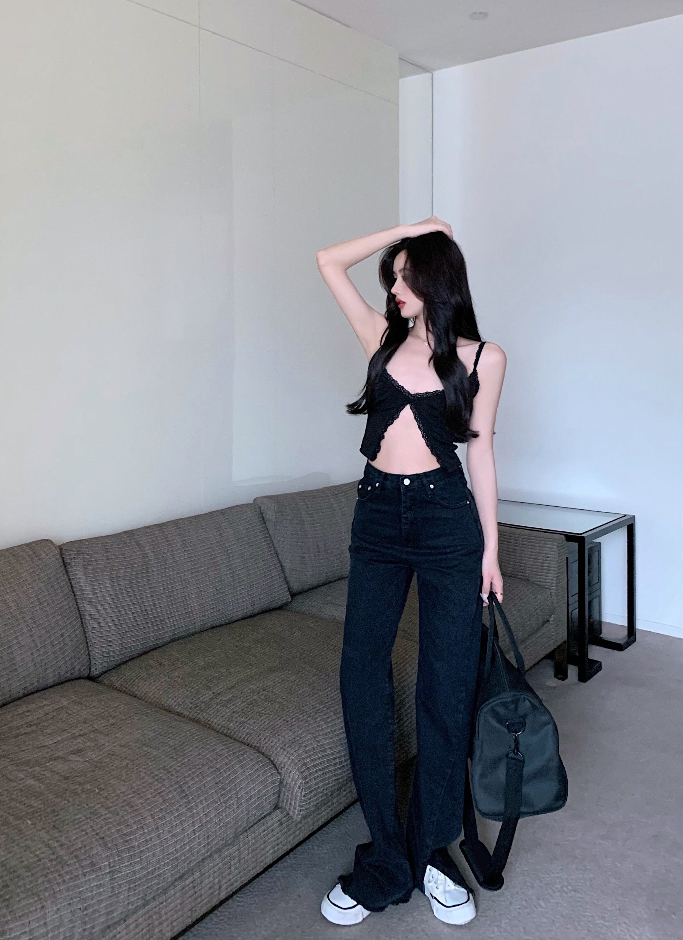 スタンダードスタイルジーンズ サマー薄手ハイウェストルーズパンツ レトロ 夏物 ブラックストロベリース15379826952