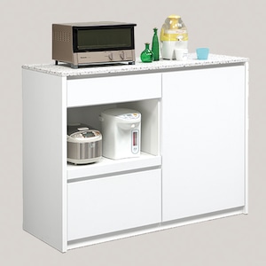 【次回1月中旬頃入荷予定】Caesar カエサル キッチンカウンター 120cm 完成品 引き出し キッチン収納 白 カウンター 日本製 レンジ台 国産 食器棚 家電置き 開き扉 レンジボード ホワイト 背面化粧仕上げ 間仕切り キッチン 作業台 テラゾー柄 コンセント付き スライドカウンター 可動棚 ロータイプ kmm-0182