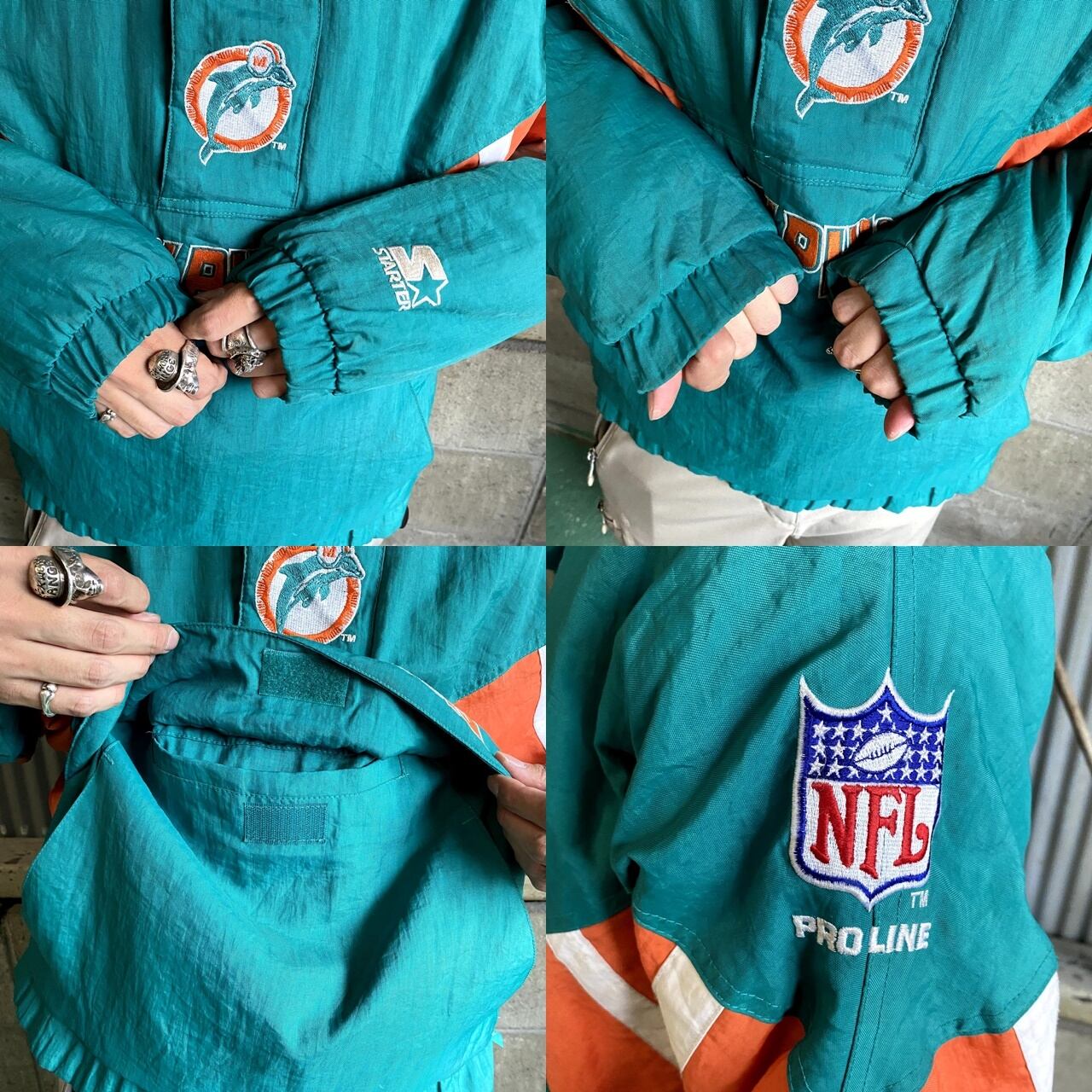 90年代 STARTER スターター NFL PRO LINE 中綿 ナイロンプルオーバージャケット マイアミ・ドルフィンズ メンズL 古着  MIAMI DOLPHINS 90s ヴィンテージ ビンテージ チームロゴ 刺繍 ワッペン 裾ジップ ターコイズグリーン オレンジ  緑色【ナイロンジャケット】