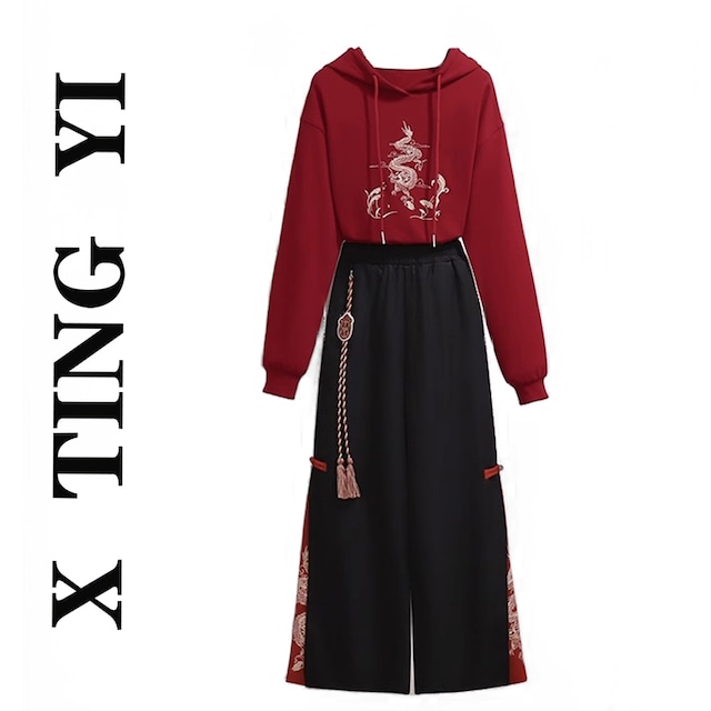 【XTINGYIシリーズ】★チャイナ風セットアップ 単品注文★ パーカーorズボン カジュアル 刺繍 赤 黒