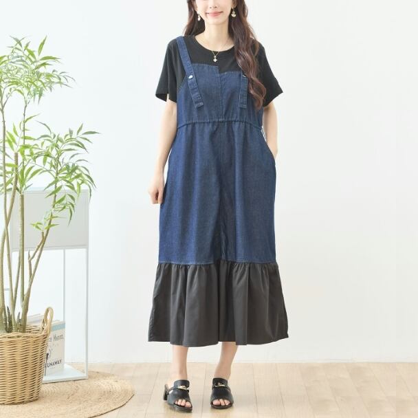 ドッキングワンピース 異素材 裾切替 デニムジャンスカ風 N82-721 TRUBE ブラック M L fmsd 半袖 上品 ゆったり 体型カバー きれいめ ミセス 春夏 エレガント
