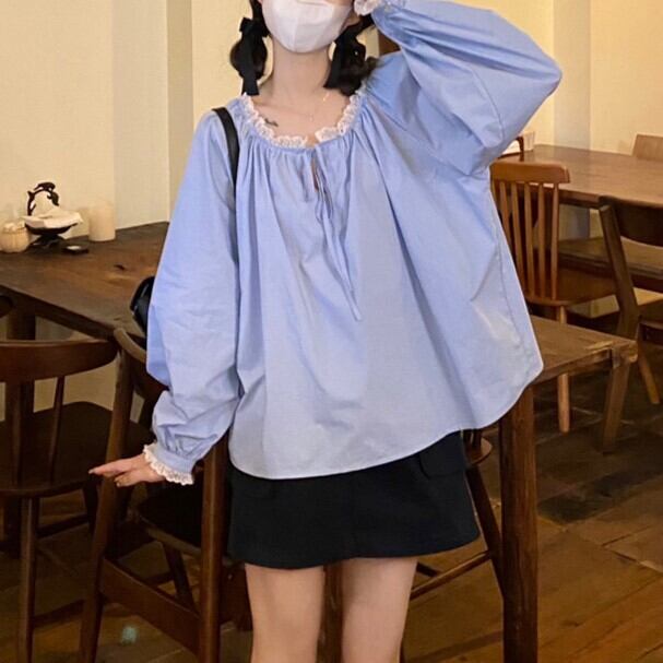 トップス レディース レース ギャザー飾り スモック風 ブラウス 可愛い