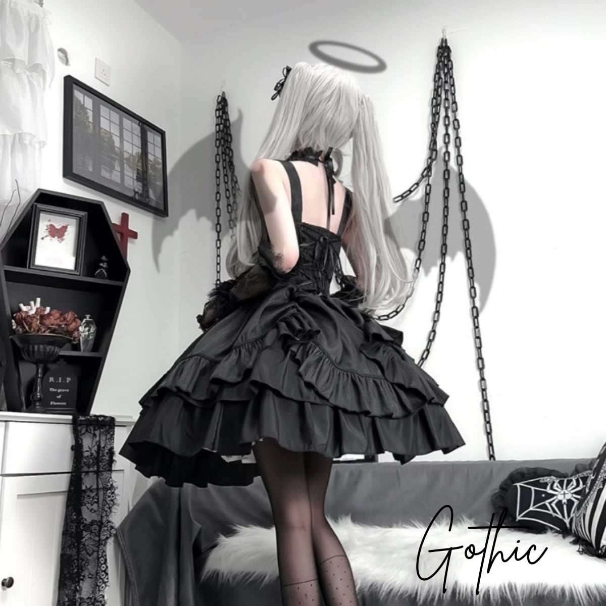 地雷系 ゴシック ドレス 甘辛MIX ダークファッション ネックストラップ