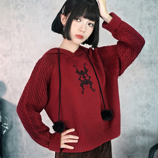 サブカル系中華 刺繍 セーター ケーブル編み 厚手 フーディ 古怪舎