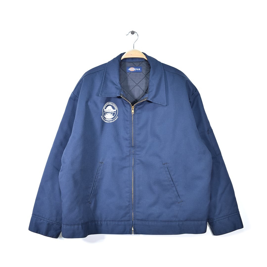 ディッキーズ ワークジャケット 右胸プリント キルティングライナー ネイビー DICKIES 大きめサイズ メンズ2XL 古着 @DE0019