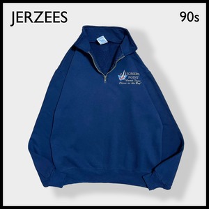 【JERZEES】90s USA素材 ワンポイント 刺繍ロゴ SOMERS POINT ハーフジップ スウェット トレーナー プルオーバー ネイビー M US古着