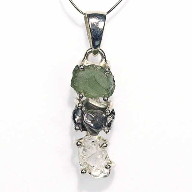 〔J367-12〕天然モルダバイト 鉄隕石 ハーキマーダイヤモンド sv925 ペンダントトップ meteorite