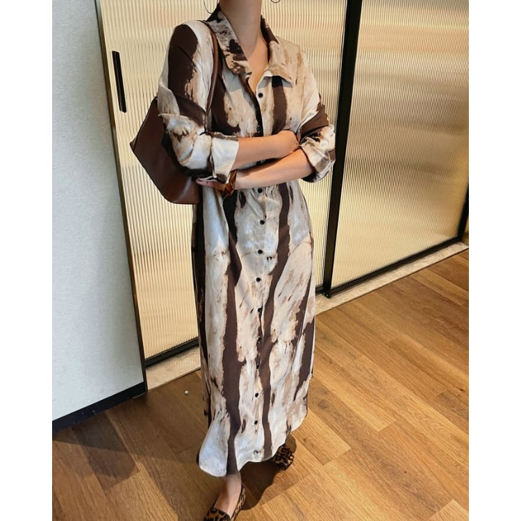 水墨アート風ロングシャツワンピースR01316