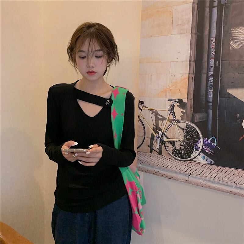 ベーシックブラックセーター オータムVネック薄手トップス ロング 秋物 モンロー1509313797