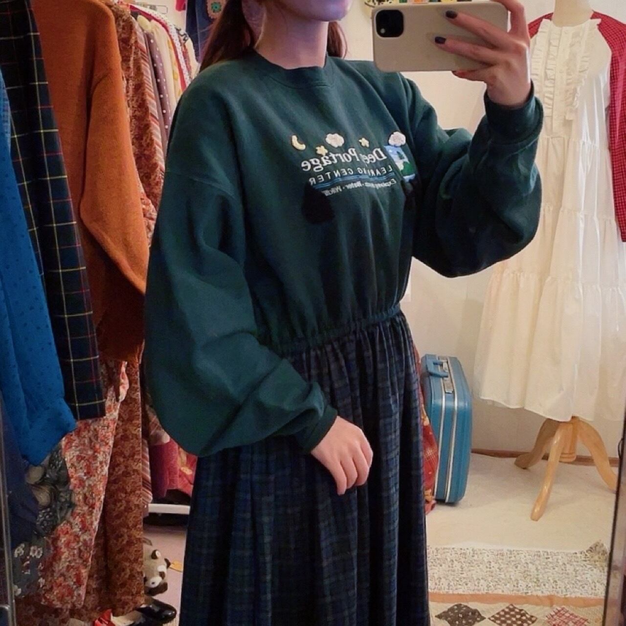 remake / cat walking night green check one-piece