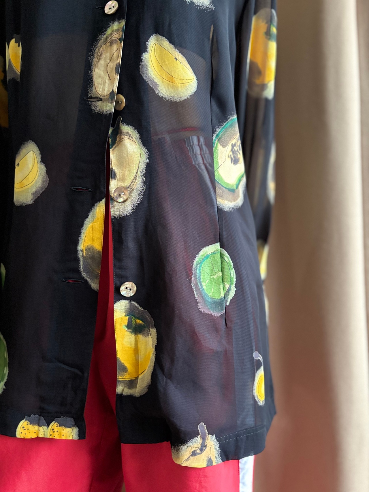 fruit pattern black sheer shirt-4717-5