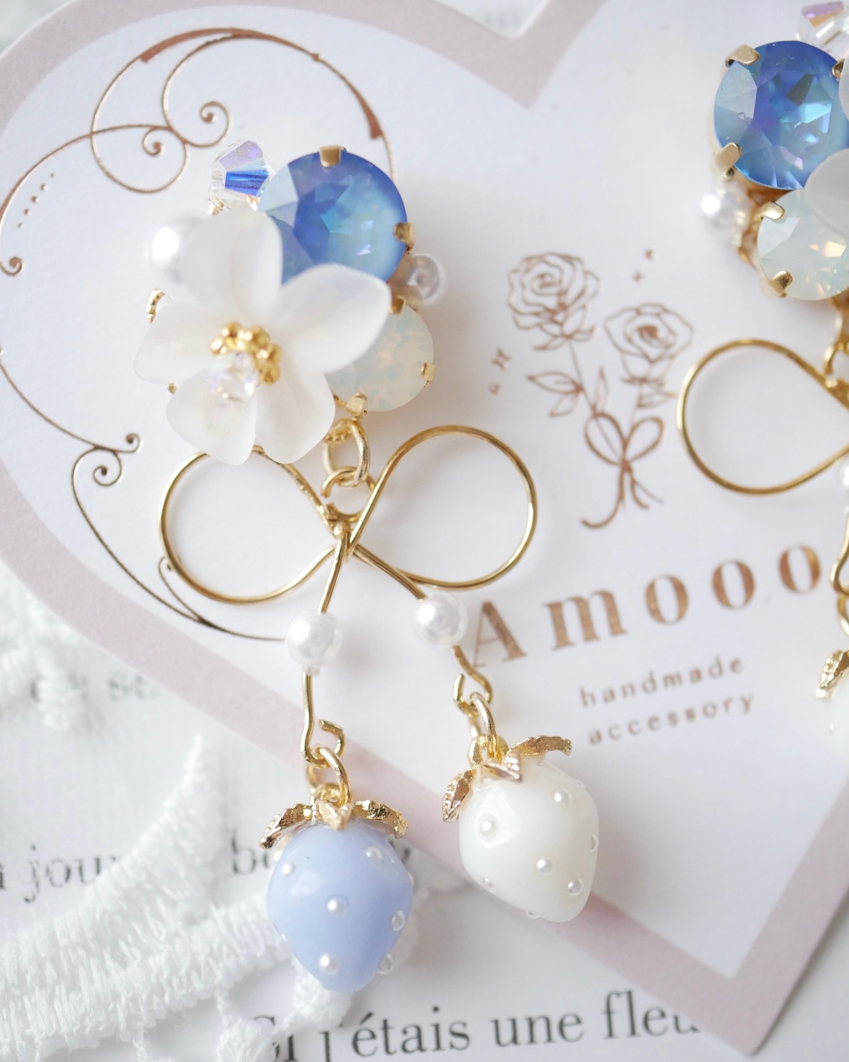 青　グレー　マーブル　ヴィンテージ　チロリアンテープ　リボン　ピアス　イヤリング 青 グレー マーブル ヴィンテージ チロリアンテープ リボン ピアス