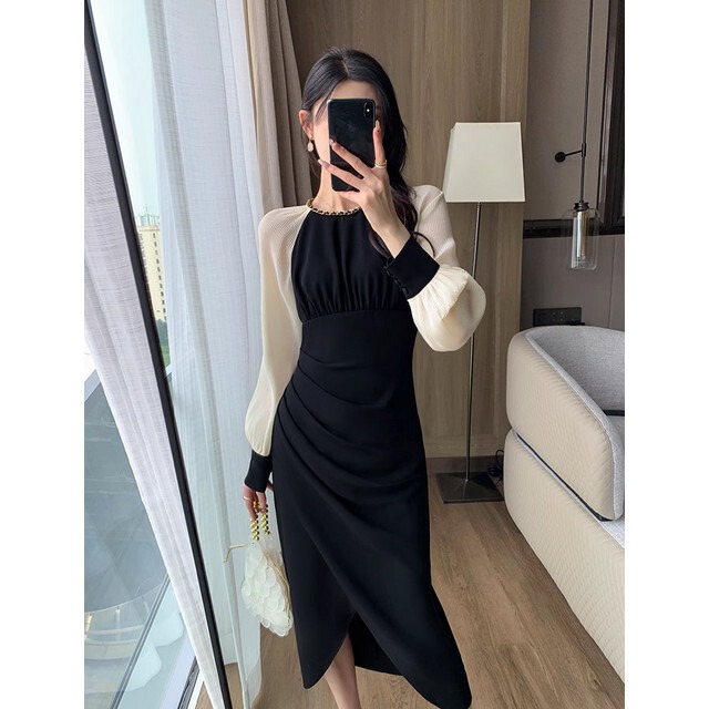 ワンピース レディース ワンピースドレス 長袖 タイト スリム ひざ下丈  