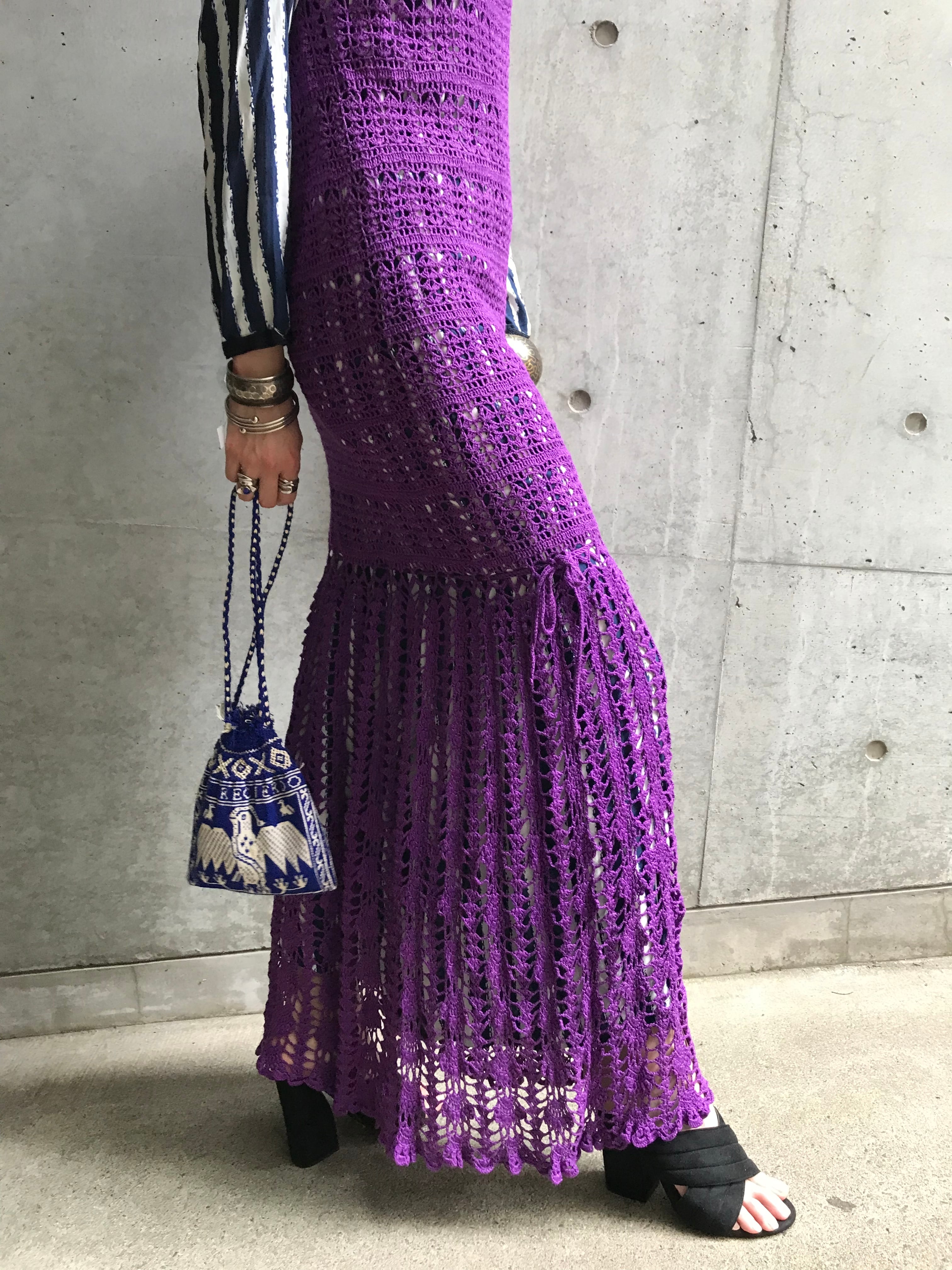 70s handmade purple crochet long dress ( ヴィンテージ ハンドメイド ...