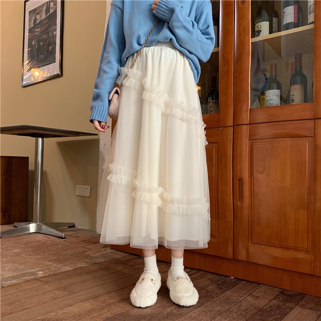 2色 スカート ボトムス 春 夏 きれいめ カジュアル かわいい レディース チュールスカート トラペーズスカート ミモレ丈 ロング丈 7分丈 無地 ウエスト ゴム チュール ハイウエスト ボリューム 透け感 黒 ブラック アプリコット かわいい 大人可愛い きれいめ シンプル カジュアル おしゃれ お洒落 レトロ クラシカル ワンサイズ こなれ感 ラフ ラブリー キュート ガーリー ルーズ 個性的 主役級 存在感 レディース 着回し 普段使い 韓国 韓国系 オルチャン 体型カバー 美脚 脚長 定番