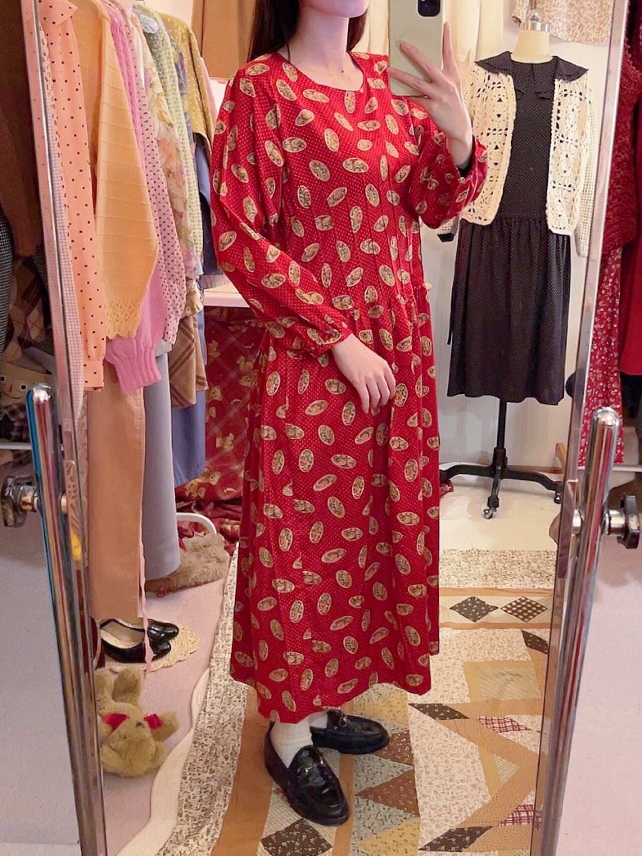 red paisley dot back button one-piece