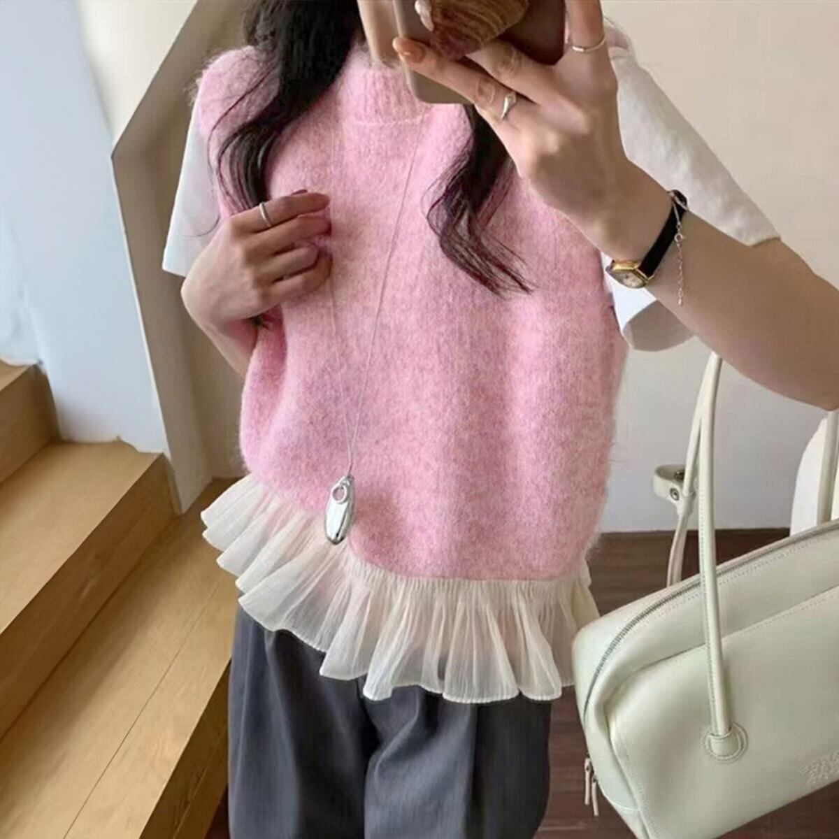 裾フリル ニット ベスト レディース 春秋冬 韓国 ジレ きれいめ 大人 かわいい 重ね着 レイヤード セーター ノースリーブ カジュアル プリーツフリル チョッキ 大人可愛い 大人女子