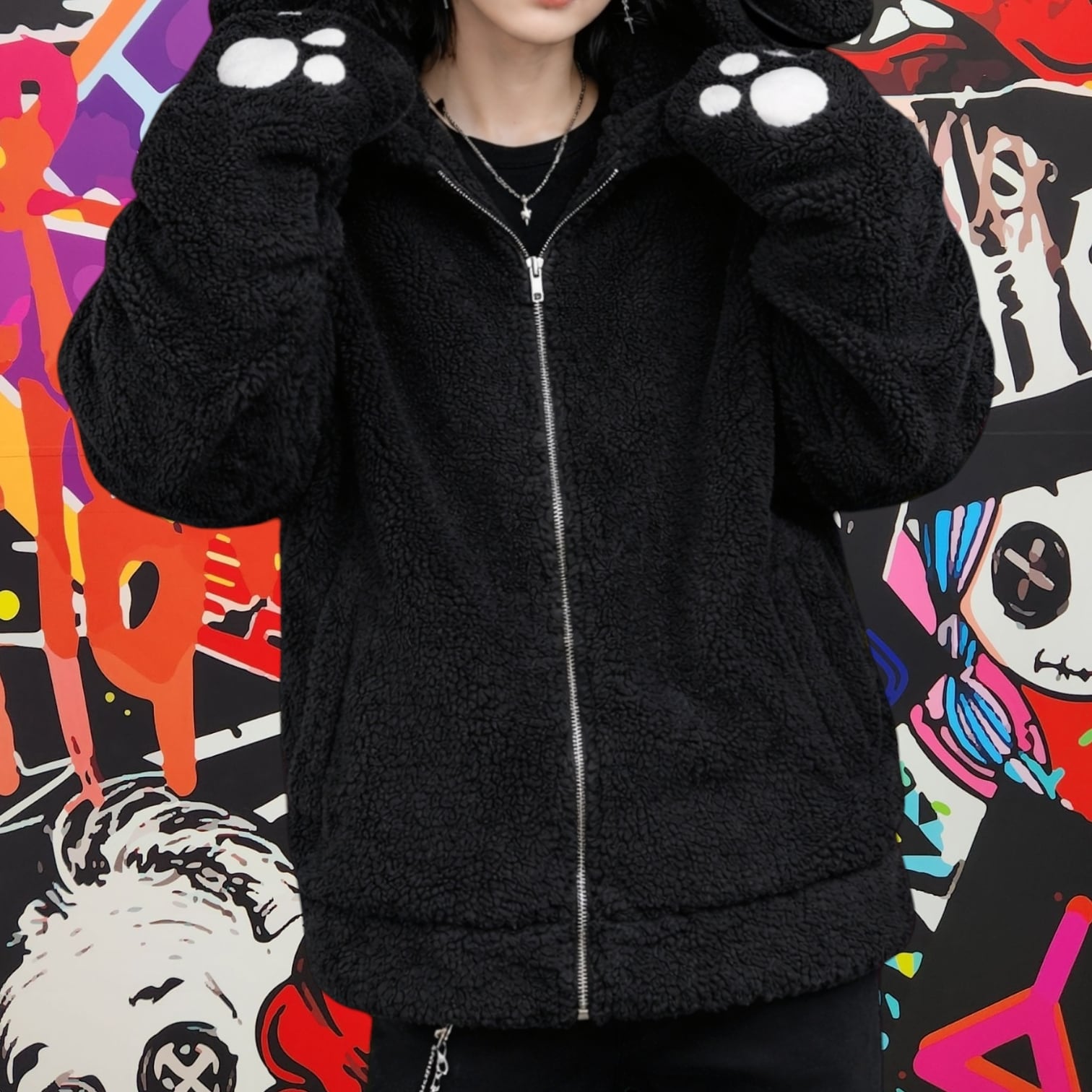 先着77点限定大特価‼︎肉球刺繍×うさ耳 ふわもこブラックボアアウター