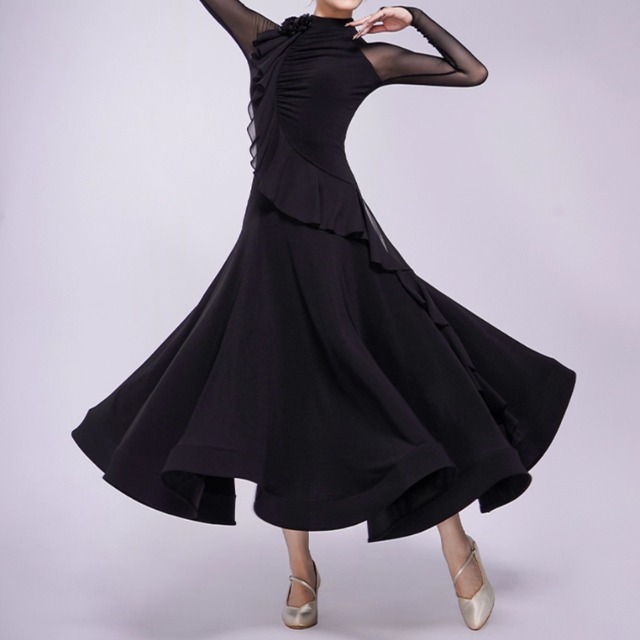 ハイネック メッシュスリーブ フレア モダンドレス 3col　D00476