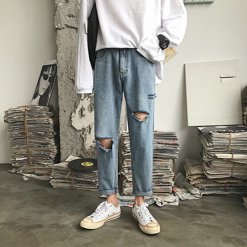 全1色 デニム パンツ ストレート カジュアル ダメージ おしゃれ