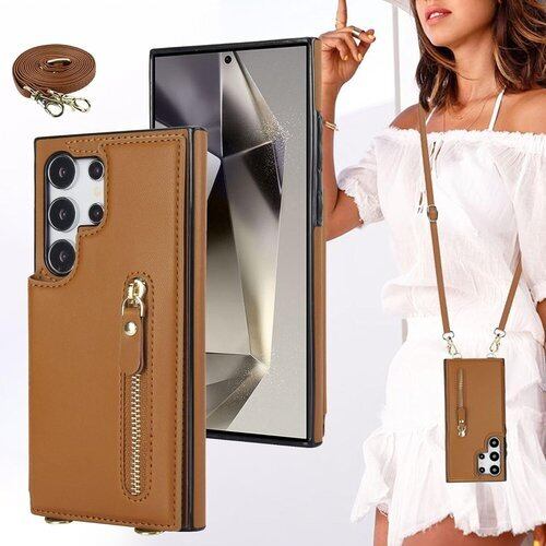 BonwFzin ギャラクシー S25 ウルトラ SC-52F SCG32 ケース 手帳型 ショルダー ストラップ 背面 フリップ 紐付き クロスボディ RFID防止 肩がけ 首掛け 斜め掛け 小銭入れ ファスナー型 ストラップ付き カード カードケース スタンド カード入れ カード収納 ブラウン 3071