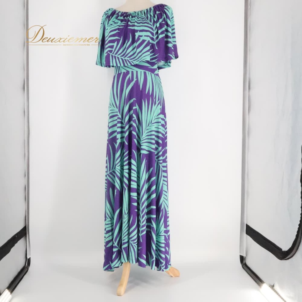 フラダンス 衣装 ALOHA STANDARDS アロハスタンダード ワンピース ドレス パープル系 グリーン系 2WAY シンプル きれい 上品 かわいい 華やか 鮮やか 明るい 紫 緑 ハワイアン アロハ ハワイアンプリント フラ ダンス レッスン 練習