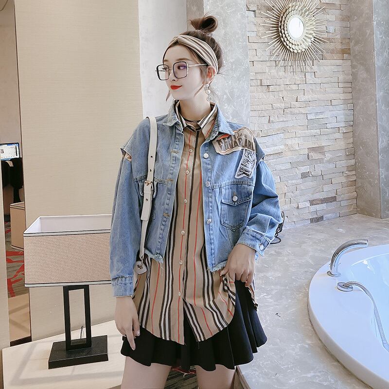 2020年秋新作ビッグサイズファットシスターは薄くて若く、肉をカバー、ツーピースデニムジャケットチェックシャツ女性トレンド ミックスインファッション28327739949