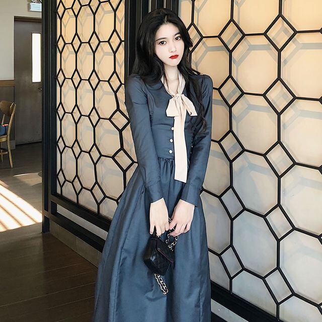 リボンタイワンピース ワンピース リボンタイ 長袖 ミモレ丈 Aライン 上品 きれいめ フェミニン きれいめカジュアル カジュアル 秋冬 春 Op 0665 Y Happy Orurea ハッピーオルレア