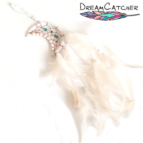 【バリ島直輸入】ネイティブ ミニ ドリームキャッチャー (月×ホワイト×ターコイズ) フェザー