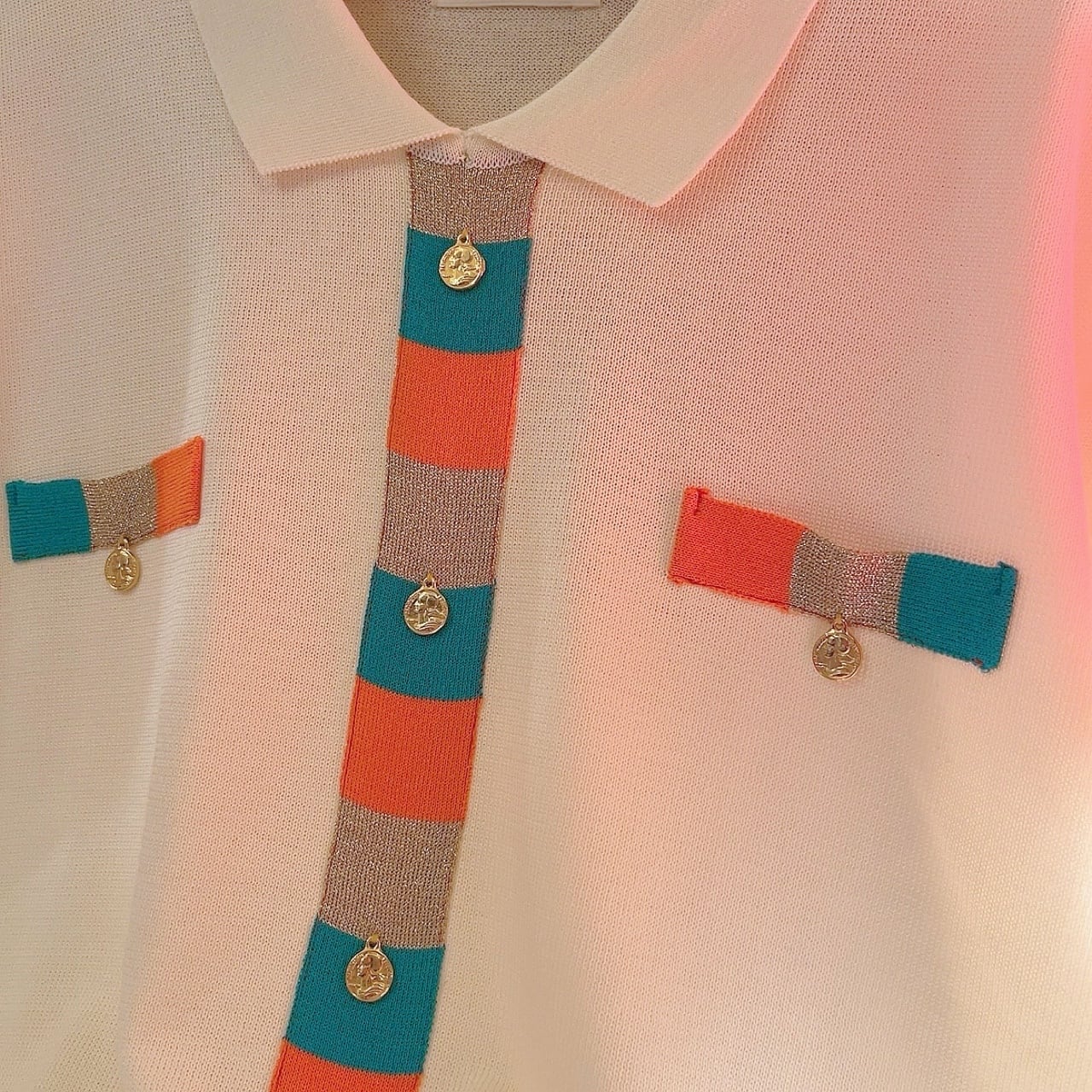 color block coin charm polo knit