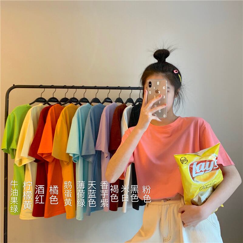 ベーシック半袖2020新作レディースサマータロイモパープルキャンディー無地Tシャツオレンジホワイトトップ 1号婦人63886685573