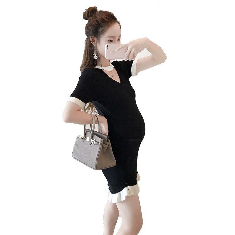 【新作】【送料無料】 甘い2019夏マタニティニットドレス半袖Vネックフリルプレッピースタイル妊婦トランペットマーメイドドレス ショート ハーフスリーブ ラッフル 大人ガーリー スウィート キュート カジュアル サマー 夏物 AL expec36370235287