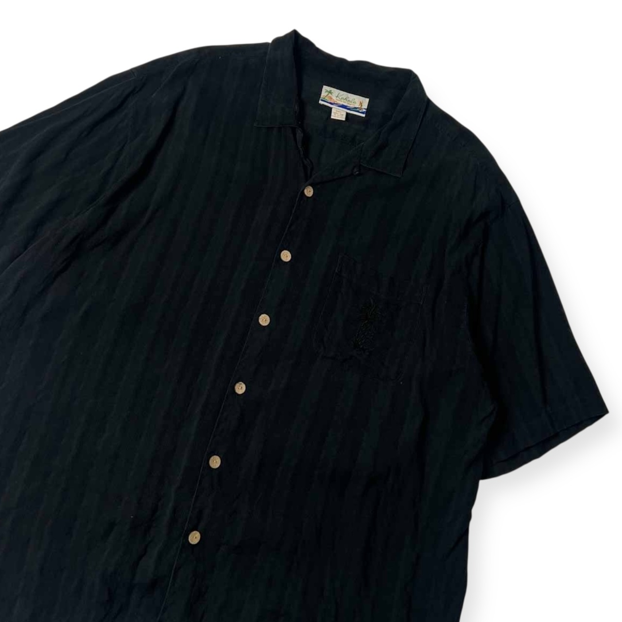 シルク100% Kahala カハラ パイナップル ストライプ風 半袖 アロハシャツ XXL/ブラック メンズ 大きいサイズ