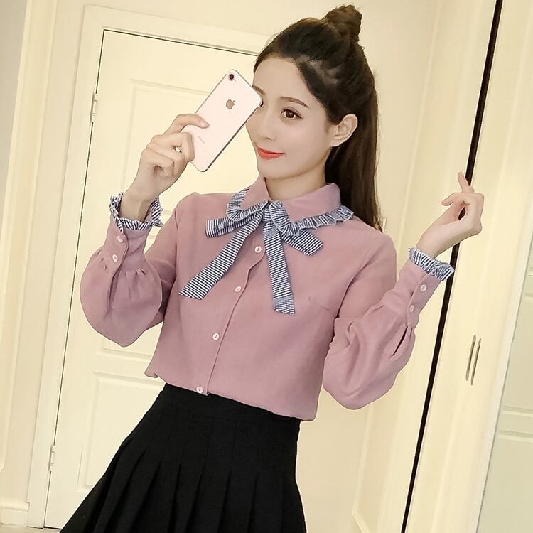 ドット柄 リボン ボウタイ ブラウス トップス シャツ 袖あり 長袖 V