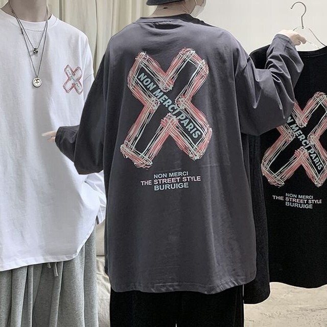 ユニセックス Tシャツ 長袖 バックプリント ロンT クルーネック オーバーサイズ 韓国ファッション メンズ レディース  カジュアル ストリートファッション / Tide brand loose graffiti print long sleeve T-shirt (DTC-653728095392)